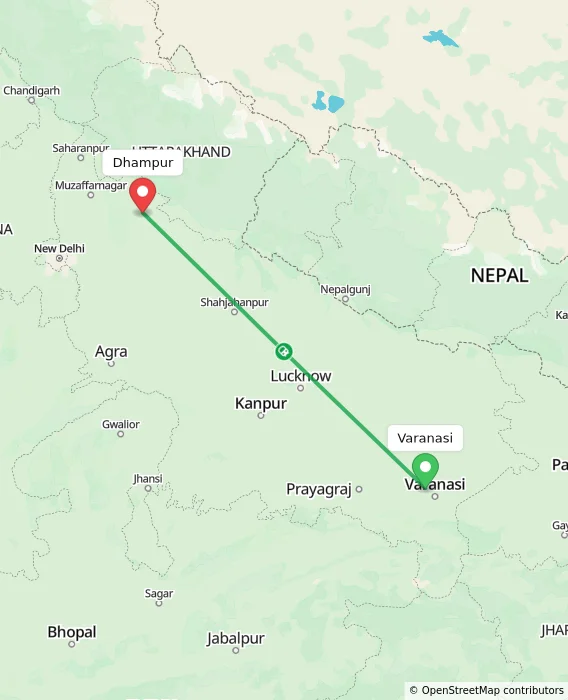 Route map showing distance and travel time from Varanasi, India to Dhampur, India
