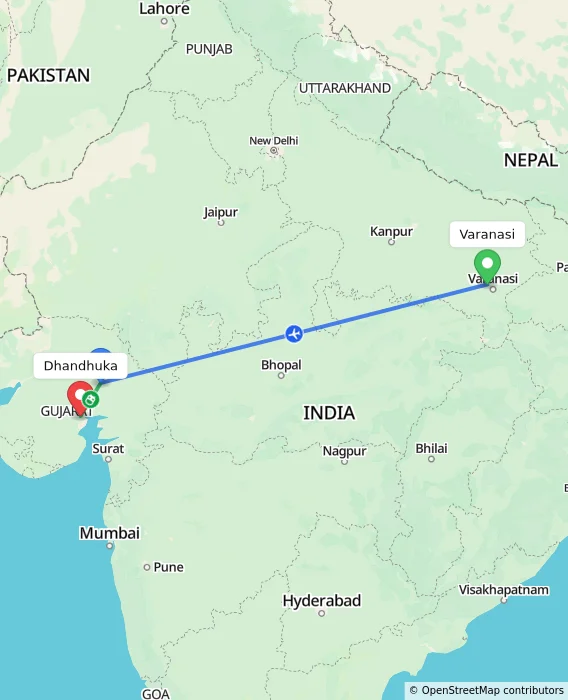 Route map showing distance and travel time from Varanasi, India to Dhandhuka, India