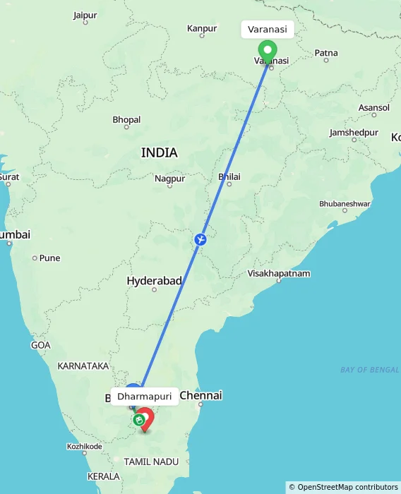 Route map showing distance and travel time from Varanasi, India to Dharmapuri, India
