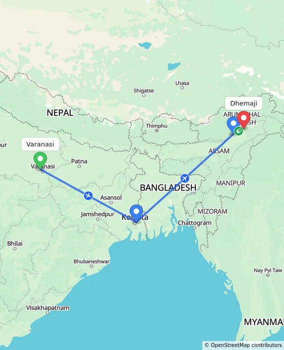 Route map showing distance and travel time from Varanasi, India to Dhemaji, India