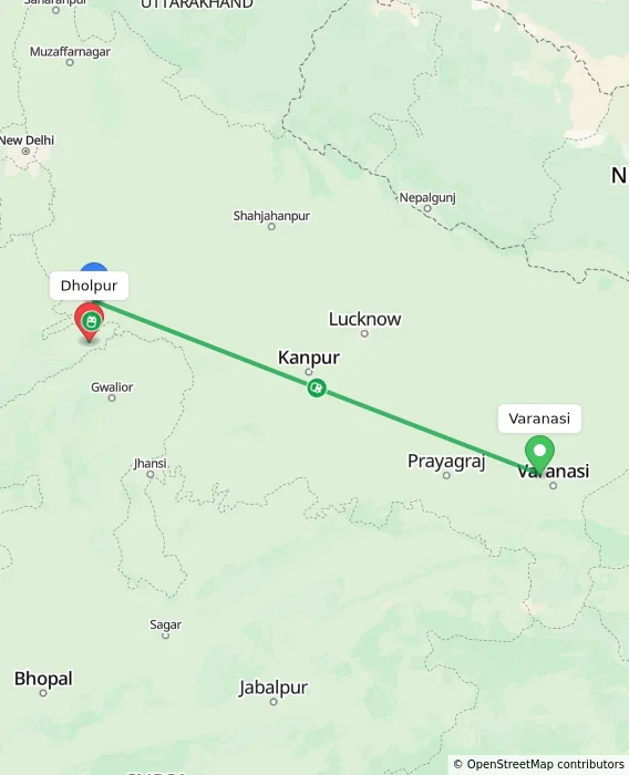 Route map showing distance and travel time from Varanasi, India to Dholpur, India