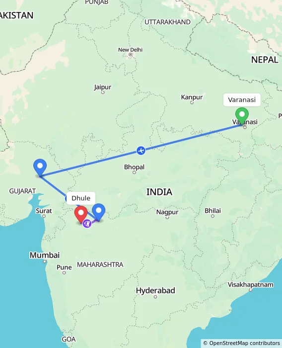 Route map showing distance and travel time from Varanasi, India to Dhule, India
