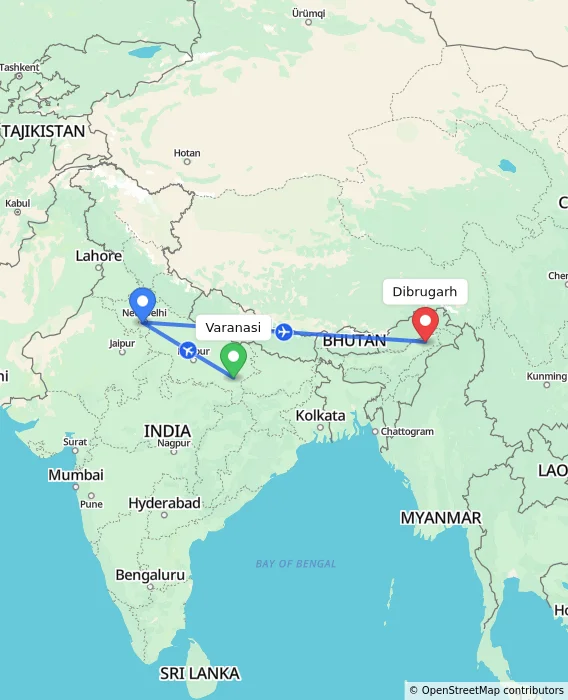 Route map showing distance and travel time from Varanasi, India to Dibrugarh, India