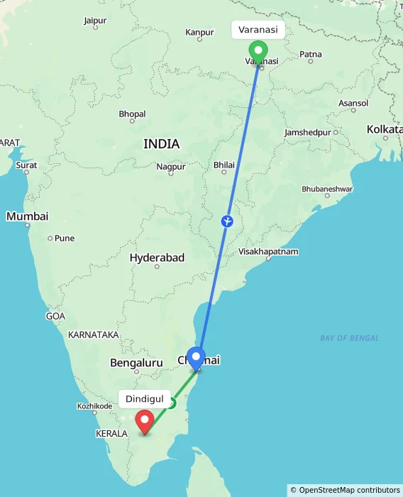 Route map showing distance and travel time from Varanasi, India to Dindigul, India