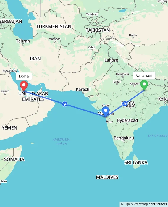 Route map showing distance and travel time from Varanasi, India to Doha, Qatar