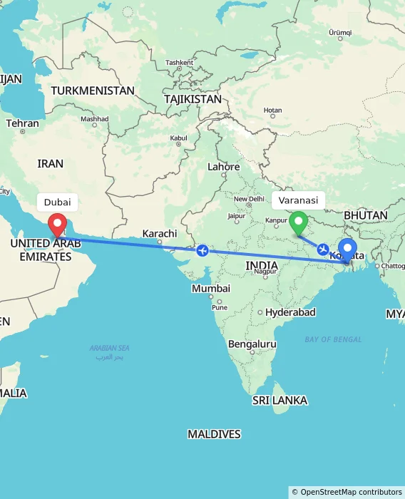 Route map showing distance and travel time from Varanasi, India to Dubai, United Arab Emirates