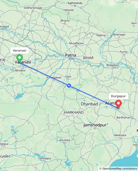 Route map showing distance and travel time from Varanasi, India to Durgapur, India