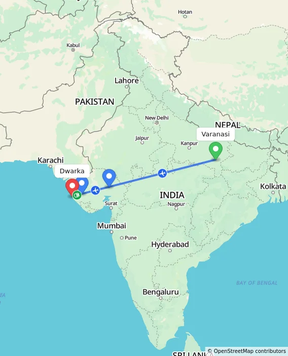 Route map showing distance and travel time from Varanasi, India to Dwarka, India