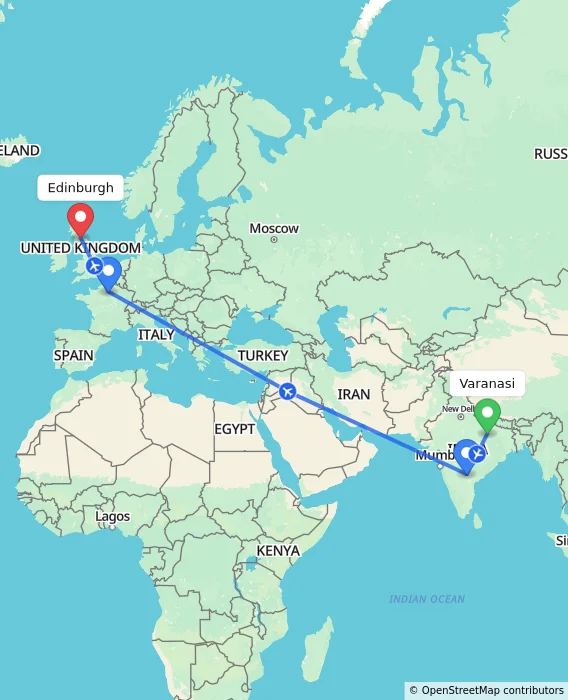 Route map showing distance and travel time from Varanasi, India to Edinburgh, United Kingdom