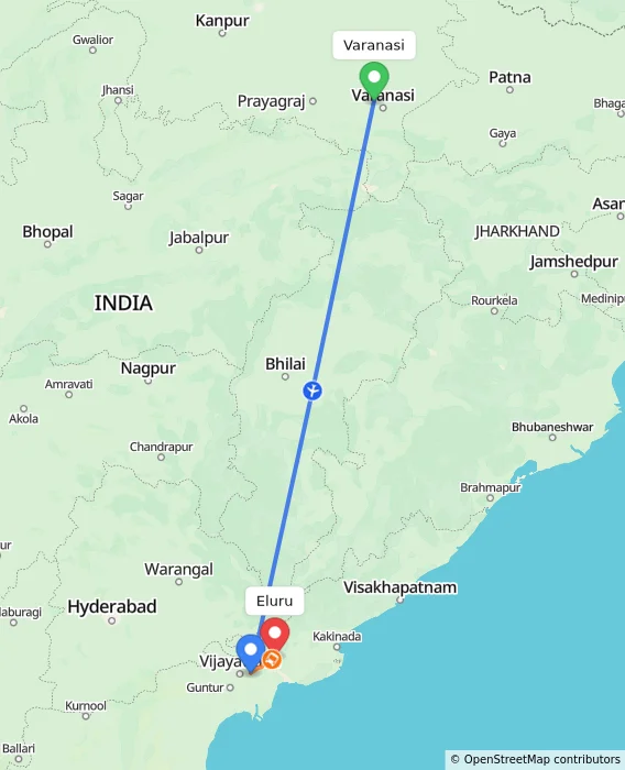 Route map showing distance and travel time from Varanasi, India to Eluru, India