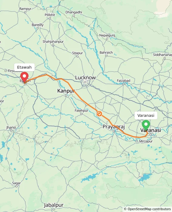 Route map showing distance and travel time from Varanasi, India to Etawah, India