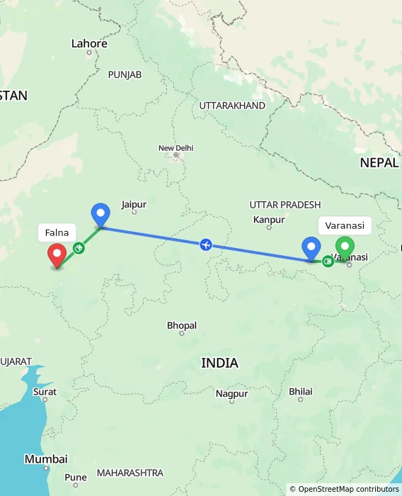 Route map showing distance and travel time from Varanasi, India to Falna, India