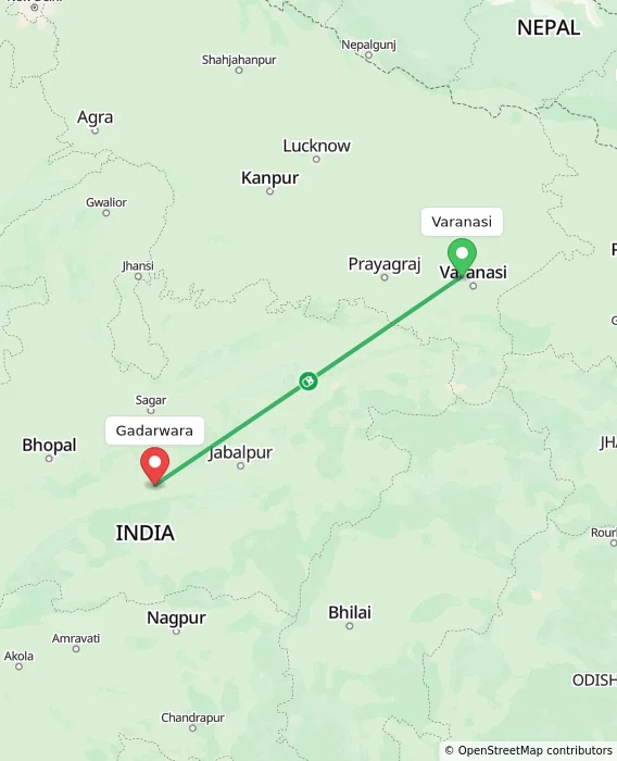 Route map showing distance and travel time from Varanasi, India to Gadarwara, India
