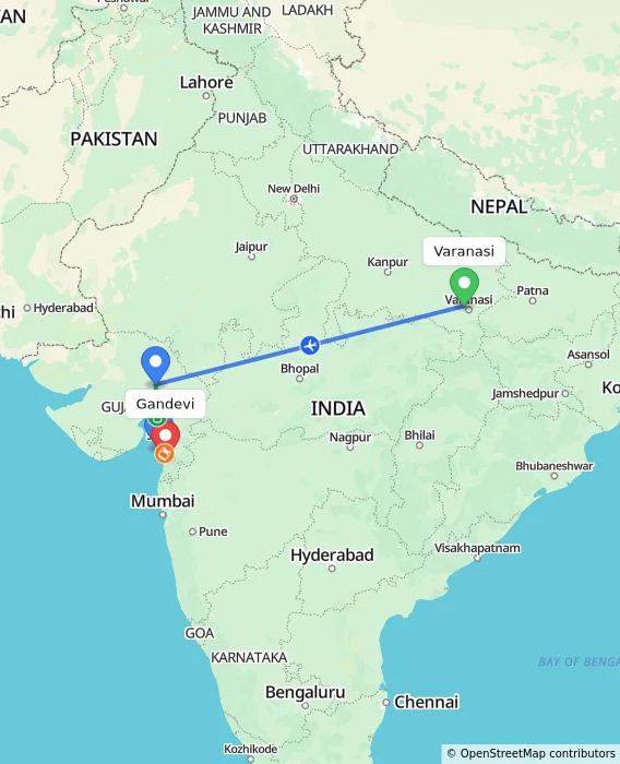 Route map showing distance and travel time from Varanasi, India to Gandevi, India