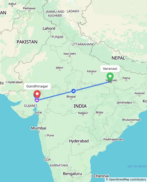 Route map showing distance and travel time from Varanasi, India to Gandhinagar, India
