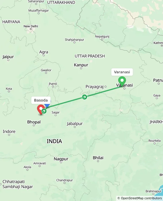 Route map showing distance and travel time from Varanasi, India to Basoda, India