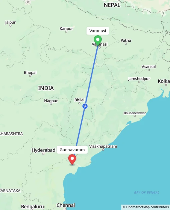 Route map showing distance and travel time from Varanasi, India to Gannavaram, India
