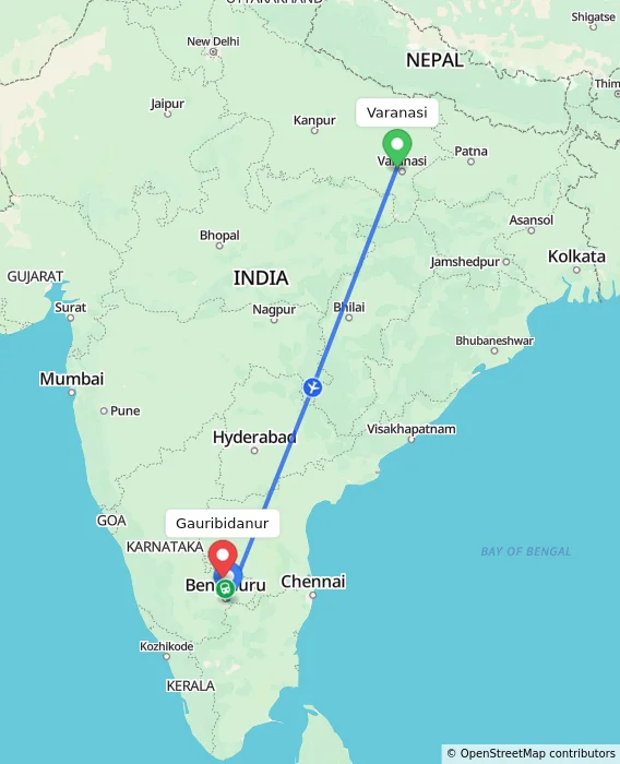 Route map showing distance and travel time from Varanasi, India to Gauribidanur, India