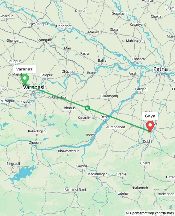 Route map showing distance and travel time from Varanasi, India to Gaya, India