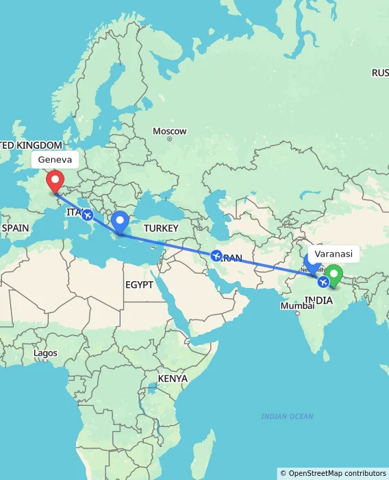 Route map showing distance and travel time from Varanasi, India to Geneva, Switzerland