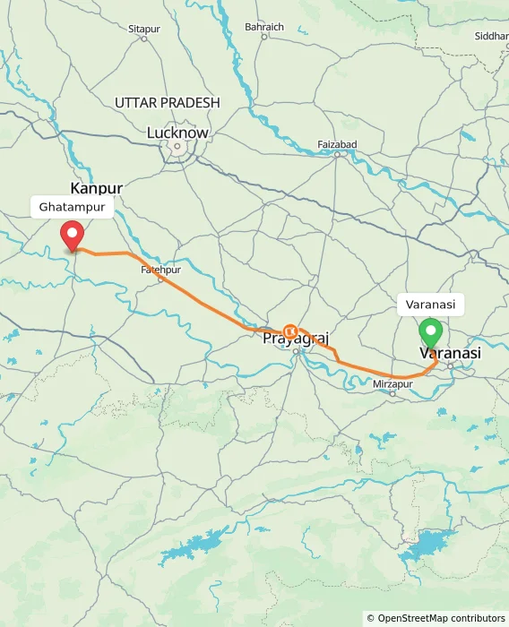 Route map showing distance and travel time from Varanasi, India to Ghatampur, India