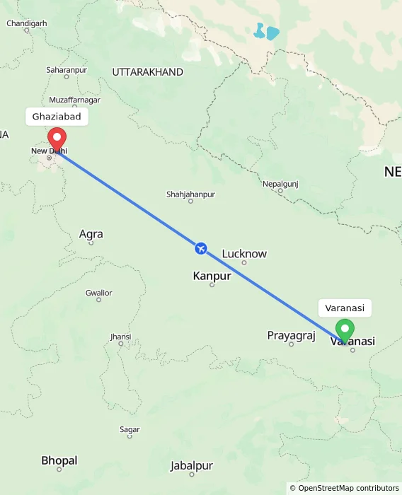 Route map showing distance and travel time from Varanasi, India to Ghaziabad, India