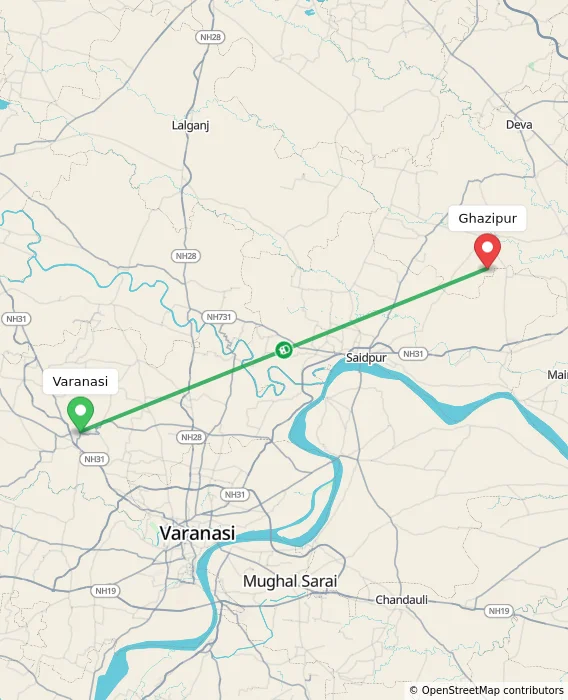 Route map showing distance and travel time from Varanasi, India to Ghazipur, India