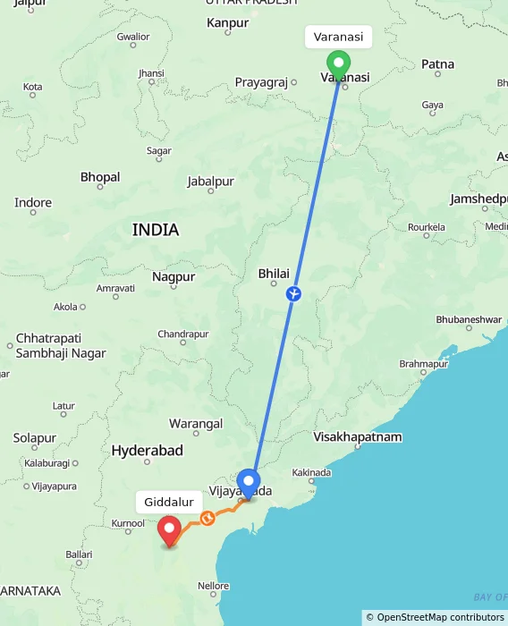 Route map showing distance and travel time from Varanasi, India to Giddalur, India