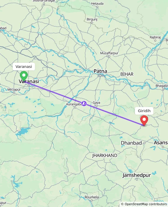 Route map showing distance and travel time from Varanasi, India to Giridih, India