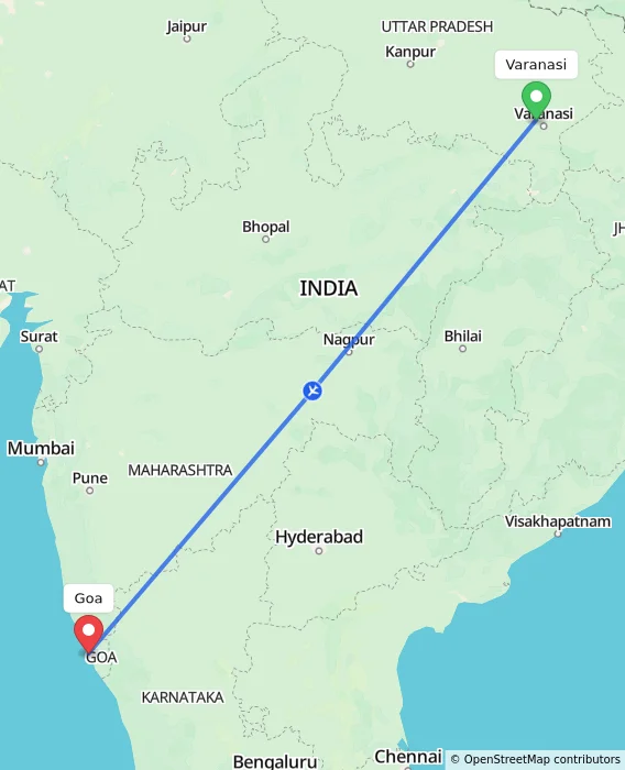 Route map showing distance and travel time from Varanasi, India to Goa, India