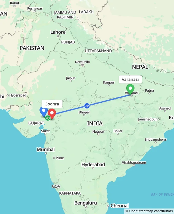 Route map showing distance and travel time from Varanasi, India to Godhra, India