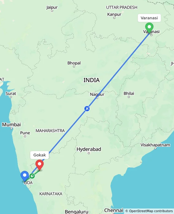 Route map showing distance and travel time from Varanasi, India to Gokak, India