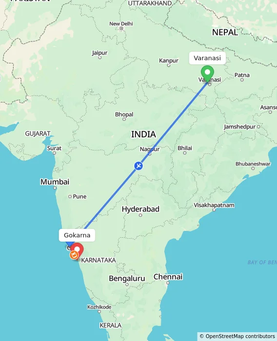 Route map showing distance and travel time from Varanasi, India to Gokarna, India
