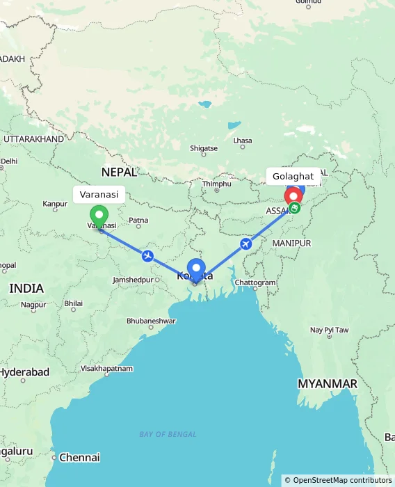 Route map showing distance and travel time from Varanasi, India to Golaghat, India