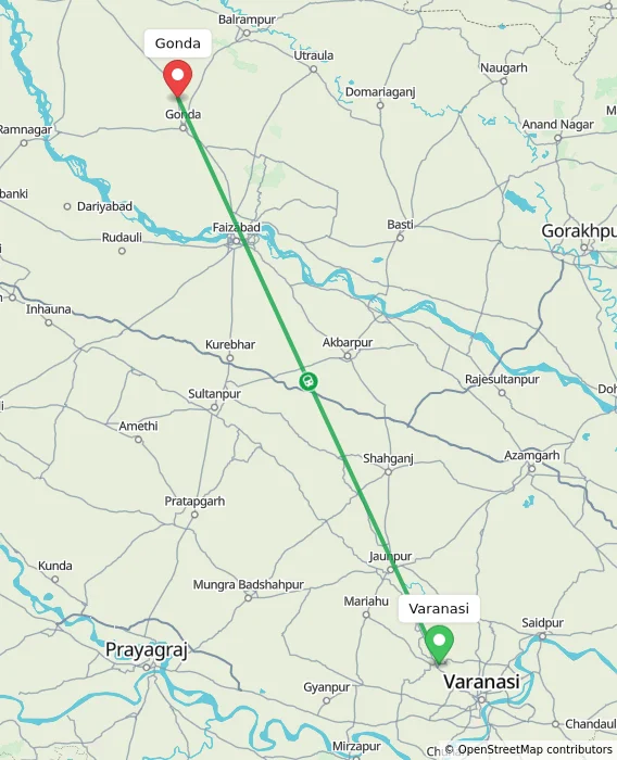 Route map showing distance and travel time from Varanasi, India to Gonda, India