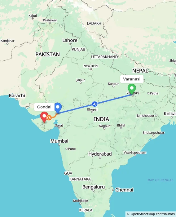 Route map showing distance and travel time from Varanasi, India to Gondal, India
