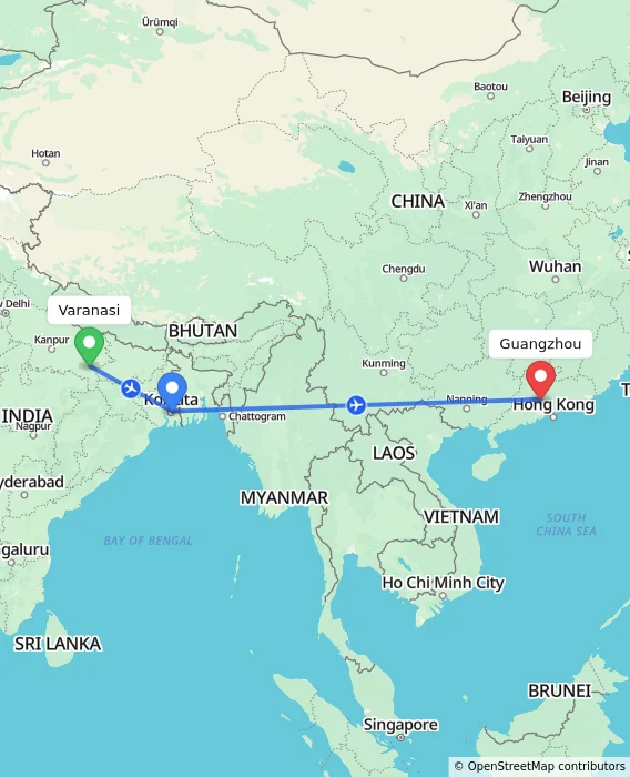 Route map showing distance and travel time from Varanasi, India to Guangzhou, China