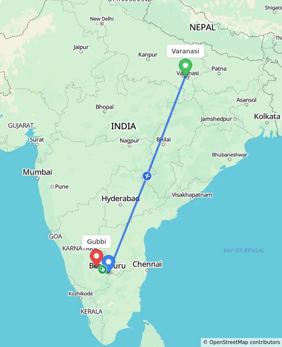 Route map showing distance and travel time from Varanasi, India to Gubbi, India