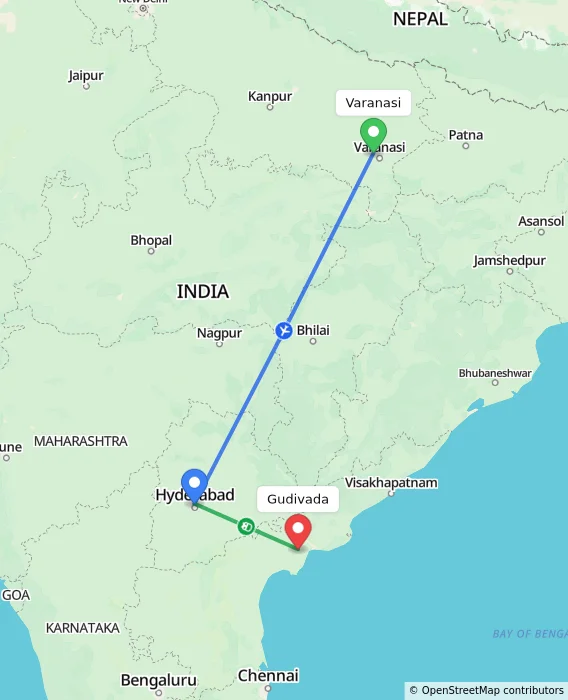 Route map showing distance and travel time from Varanasi, India to Gudivada, India