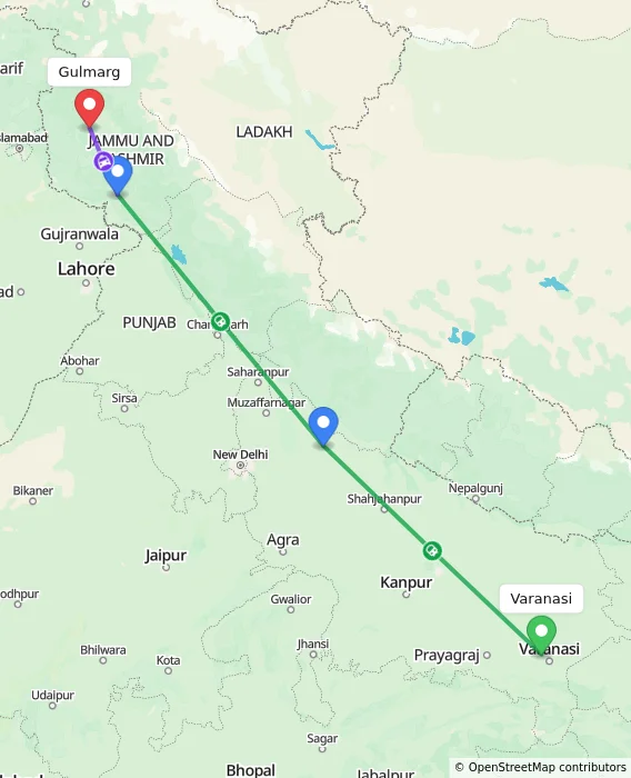 Route map showing distance and travel time from Varanasi, India to Gulmarg, India