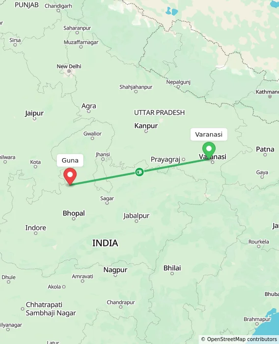 Route map showing distance and travel time from Varanasi, India to Guna, India
