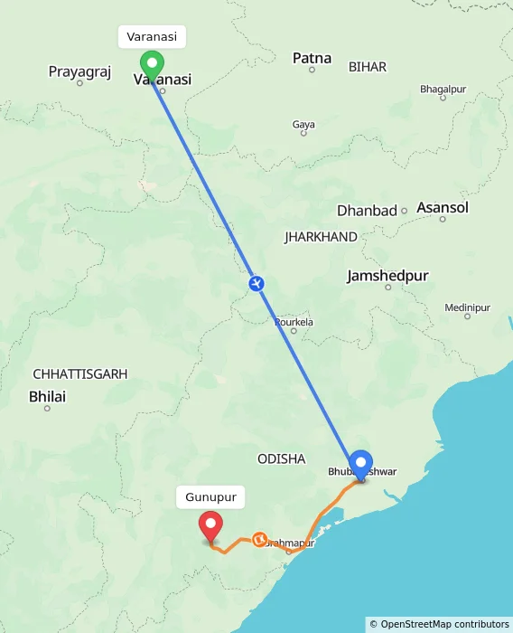 Route map showing distance and travel time from Varanasi, India to Gunupur, India