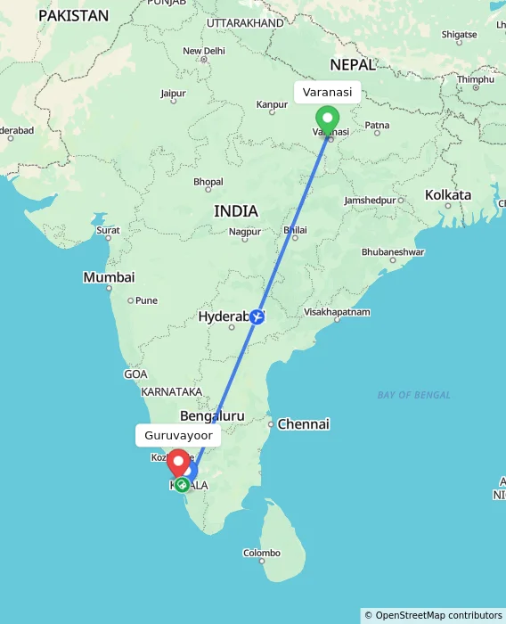 Route map showing distance and travel time from Varanasi, India to Guruvayoor, India