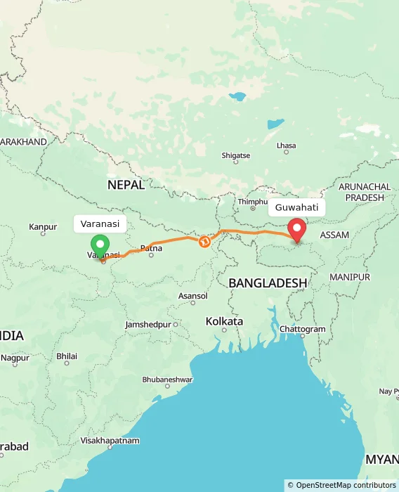 Route map showing distance and travel time from Varanasi, India to Guwahati, India