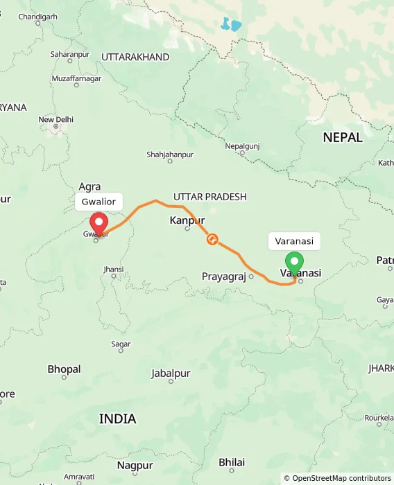 Route map showing distance and travel time from Varanasi, India to Gwalior, India