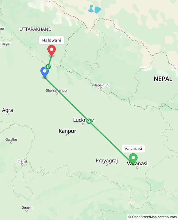 Route map showing distance and travel time from Varanasi, India to Haldwani, India