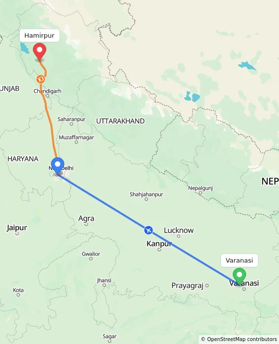 Route map showing distance and travel time from Varanasi, India to Hamirpur, India