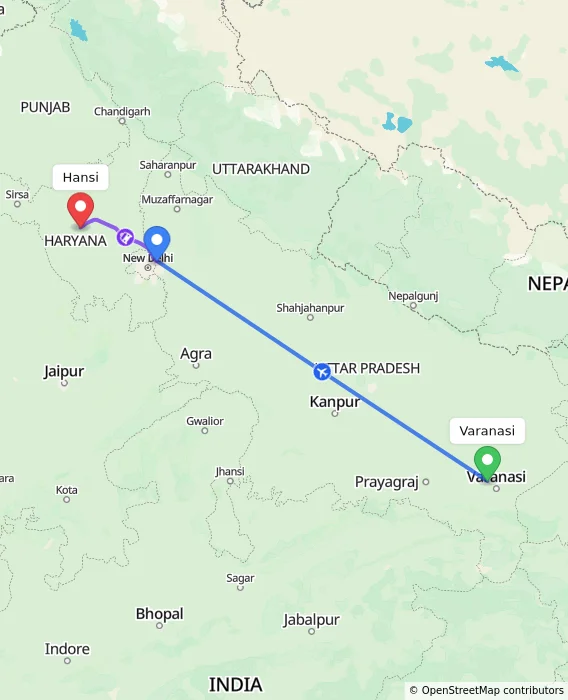 Route map showing distance and travel time from Varanasi, India to Hansi, India