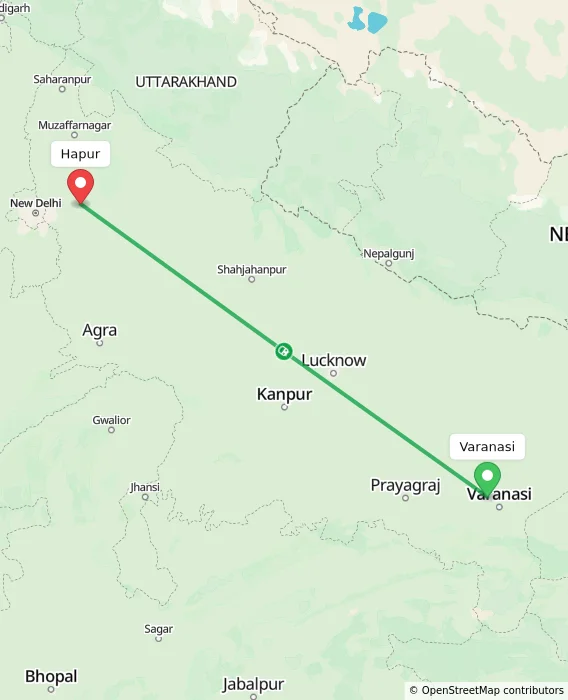 Route map showing distance and travel time from Varanasi, India to Hapur, India