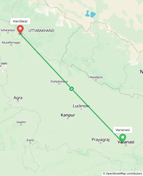 Route map showing distance and travel time from Varanasi, India to Haridwar, India